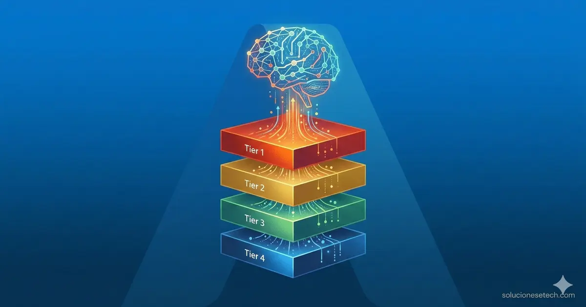 Diagrama de capas de almacenamiento Azure con flujo de datos hacia inteligencia artificial