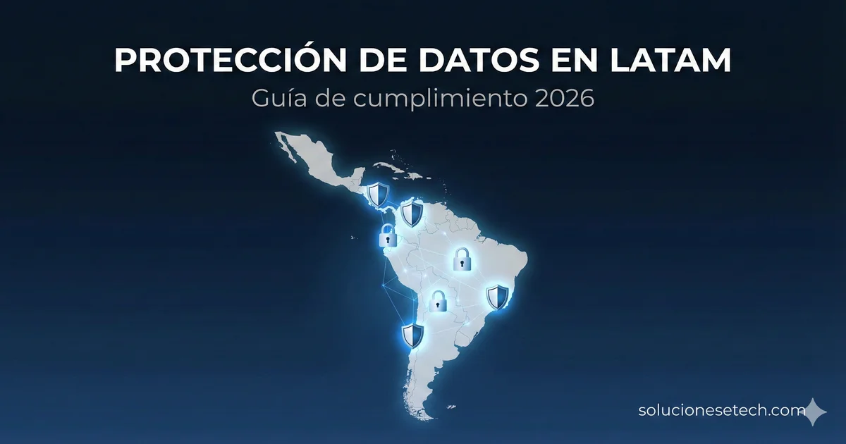 Mapa de Latinoamérica con iconos de protección de datos y regulaciones